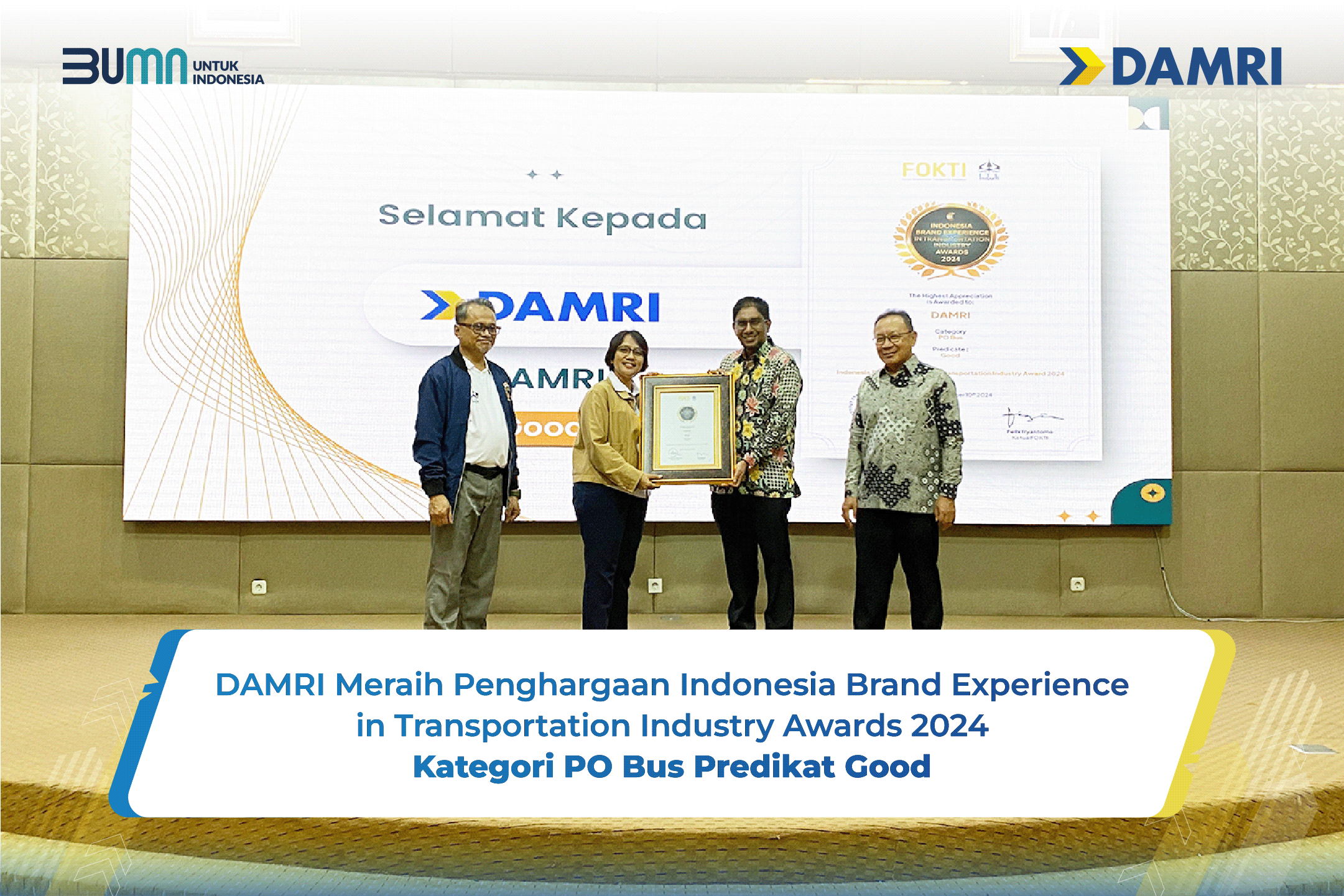 DAMRI Meraih Penghargaan Indonesia Brand Experience in Transportation Industry Awards 2024 Kategori PO Bus Predikat Good